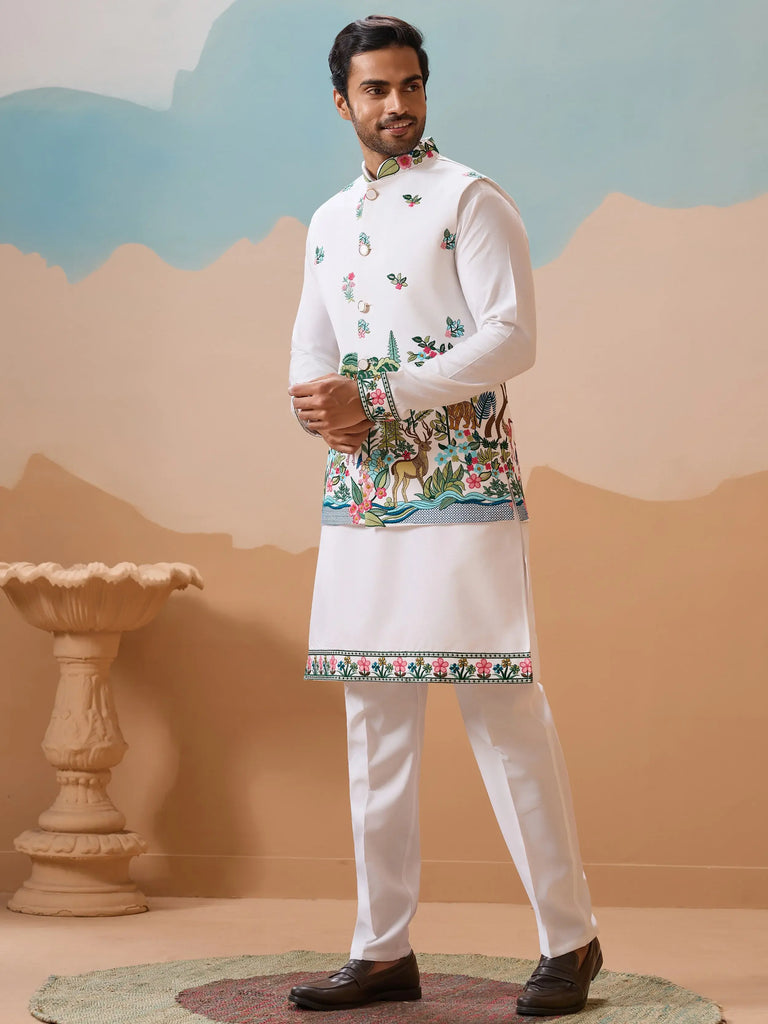 Dazzling White Thread Embroidered Silk Men’s Kurta Set With Jacket