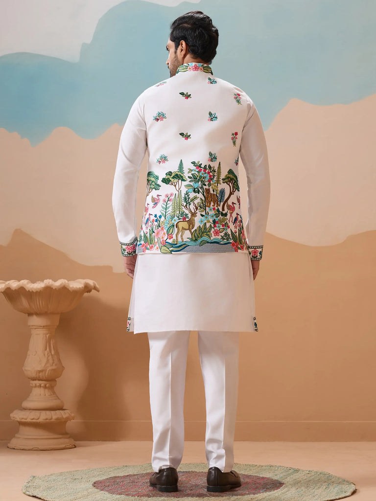Dazzling White Thread Embroidered Silk Men’s Kurta Set With Jacket