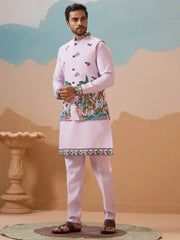 Stunning Lavender Thread Embroidered Silk Men’s Kurta Set With Jacket