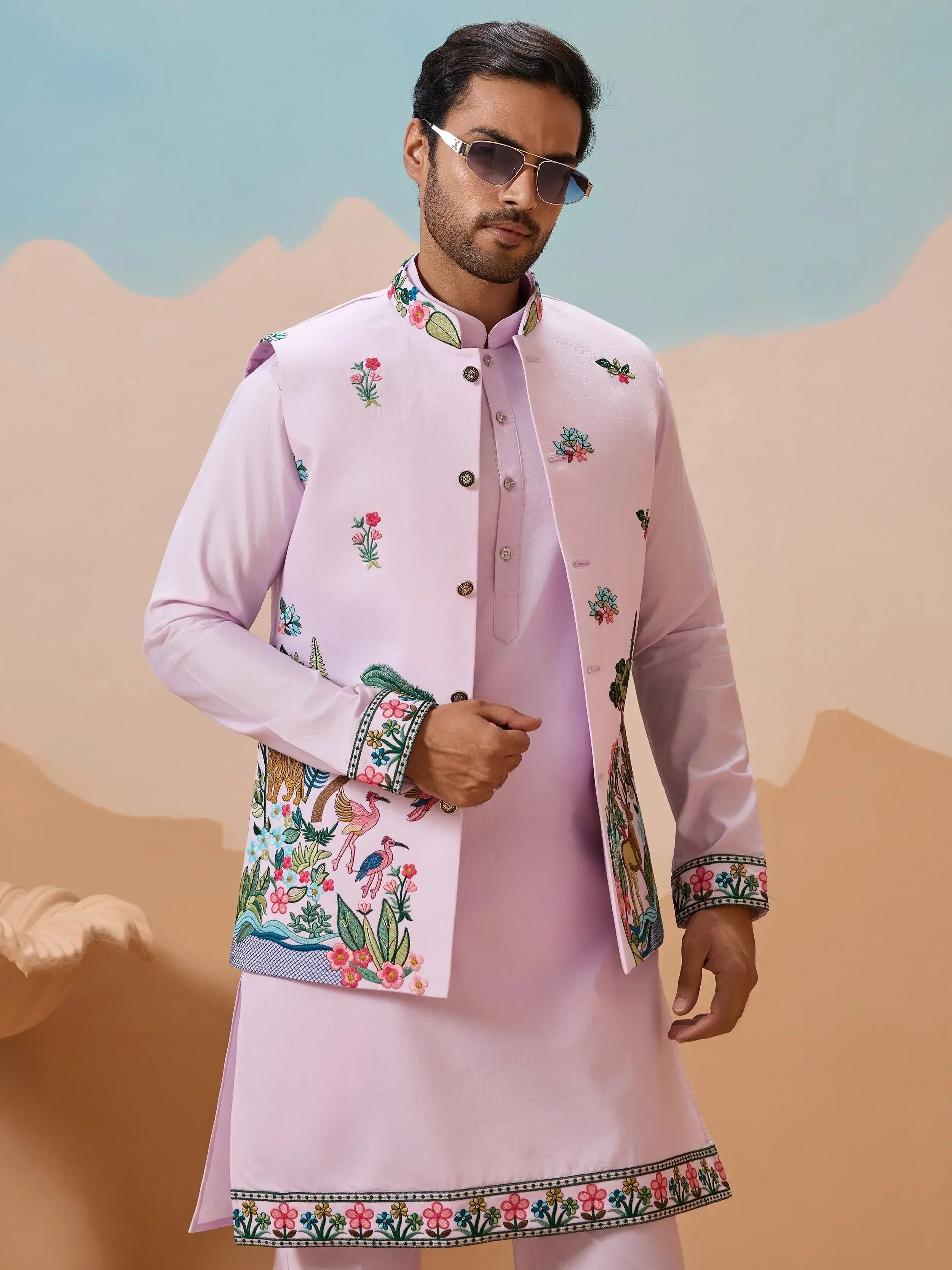 Stunning Lavender Thread Embroidered Silk Men’s Kurta Set With Jacket