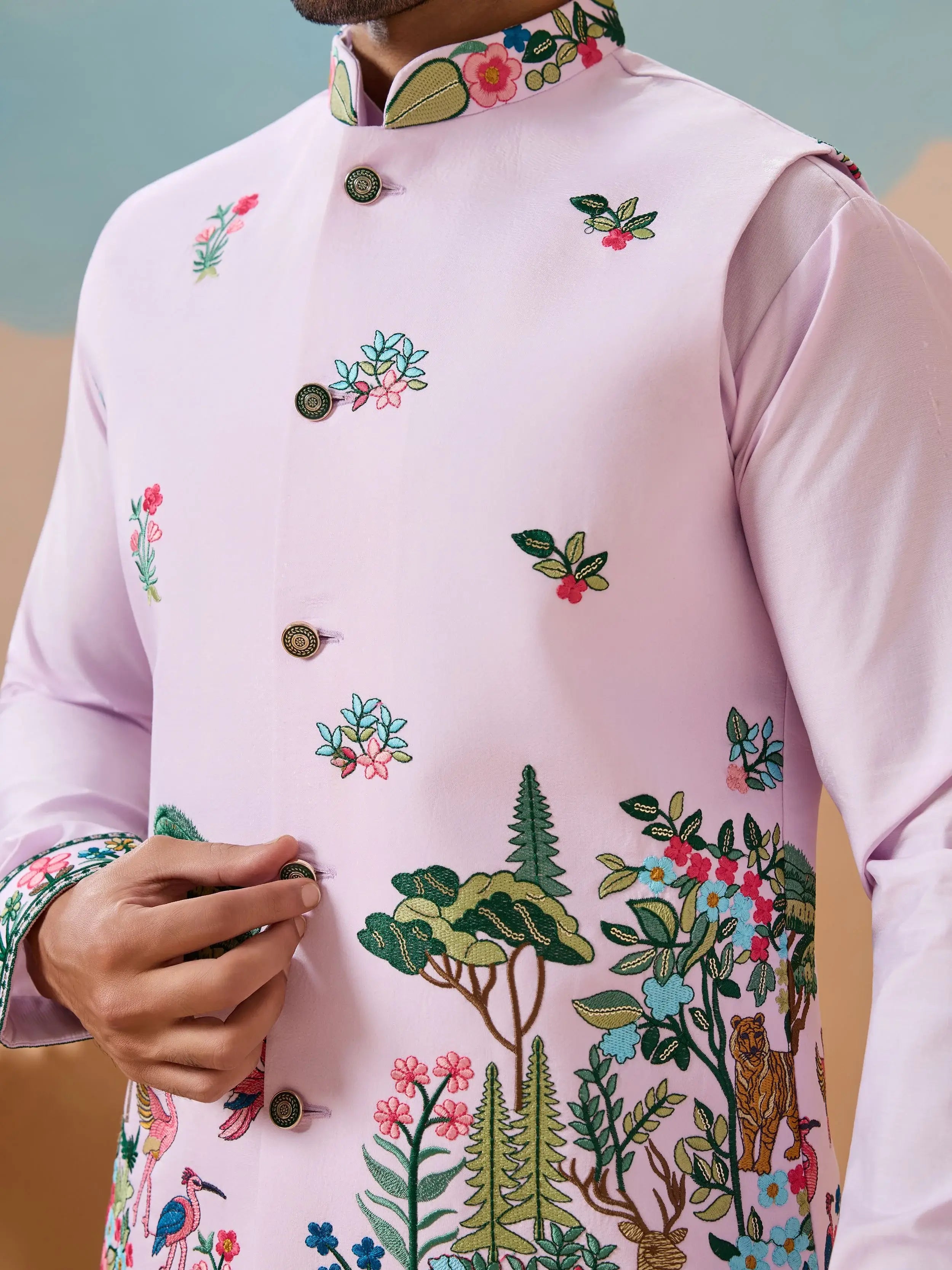 Stunning Lavender Thread Embroidered Silk Men’s Kurta Set With Jacket