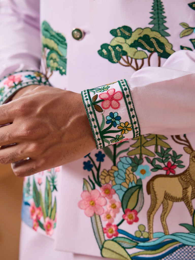 Stunning Lavender Thread Embroidered Silk Men’s Kurta Set With Jacket