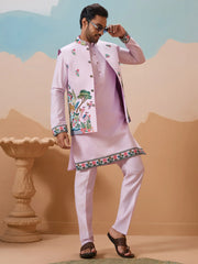 Stunning Lavender Thread Embroidered Silk Men’s Kurta Set With Jacket