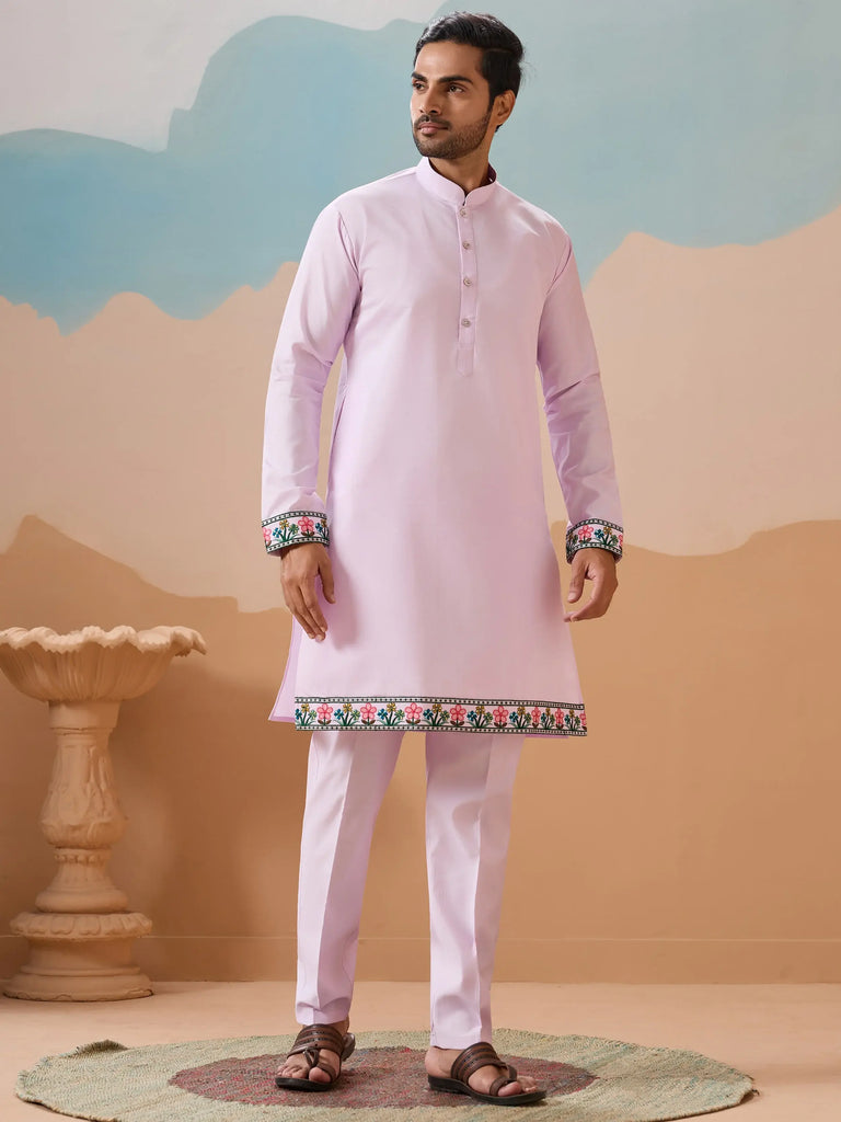 Stunning Lavender Thread Embroidered Silk Men’s Kurta Set With Jacket