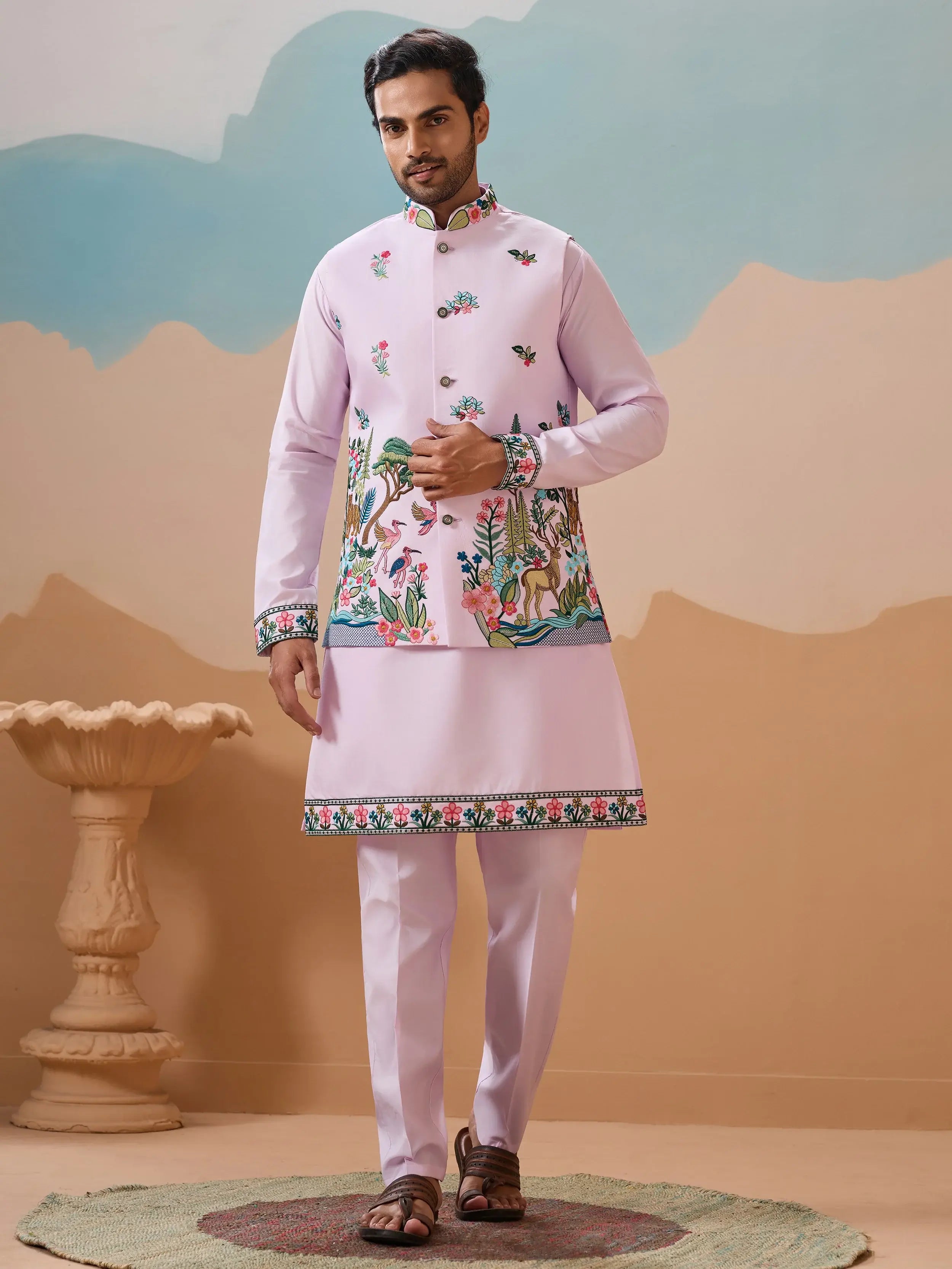 Stunning Lavender Thread Embroidered Silk Men’s Kurta Set With Jacket