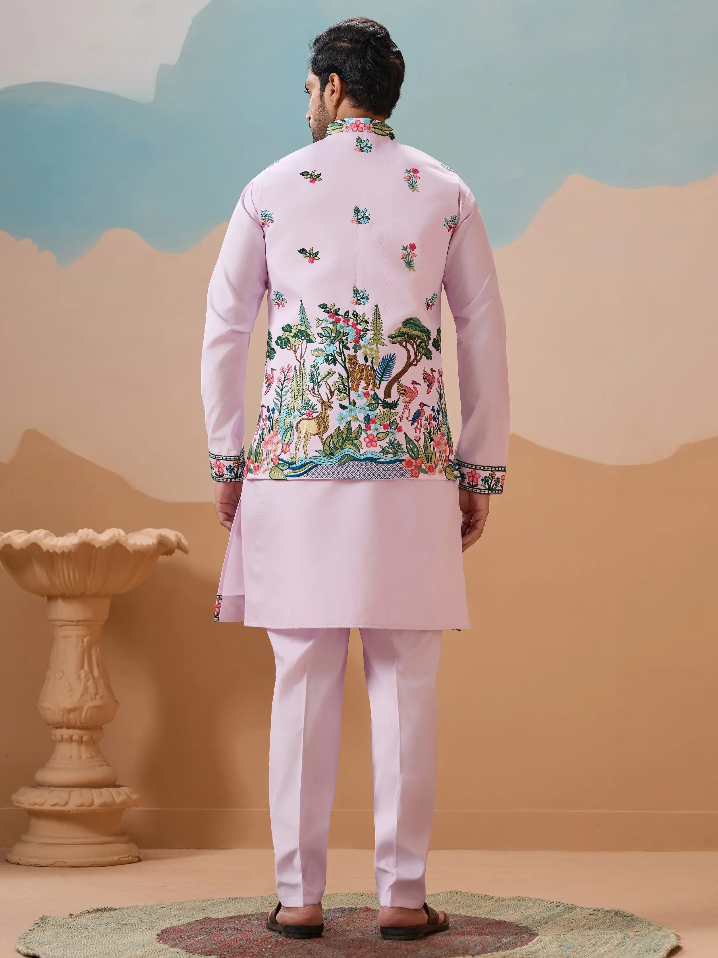 Stunning Lavender Thread Embroidered Silk Men’s Kurta Set With Jacket