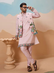 Impressive Pink Thread Embroidered Silk Men’s Kurta Set With Jacket