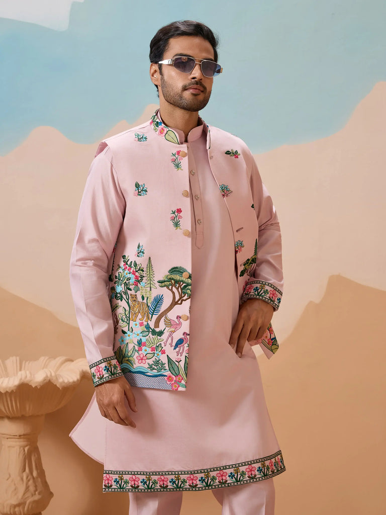 Impressive Pink Thread Embroidered Silk Men’s Kurta Set With Jacket