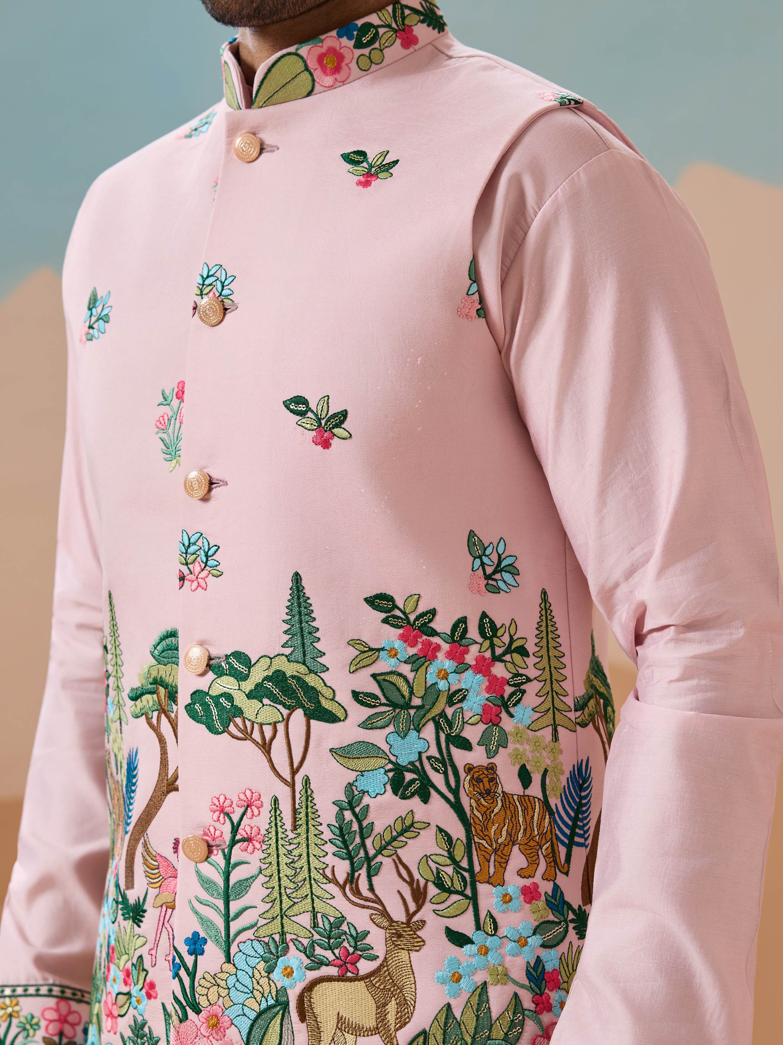 Impressive Pink Thread Embroidered Silk Men’s Kurta Set With Jacket