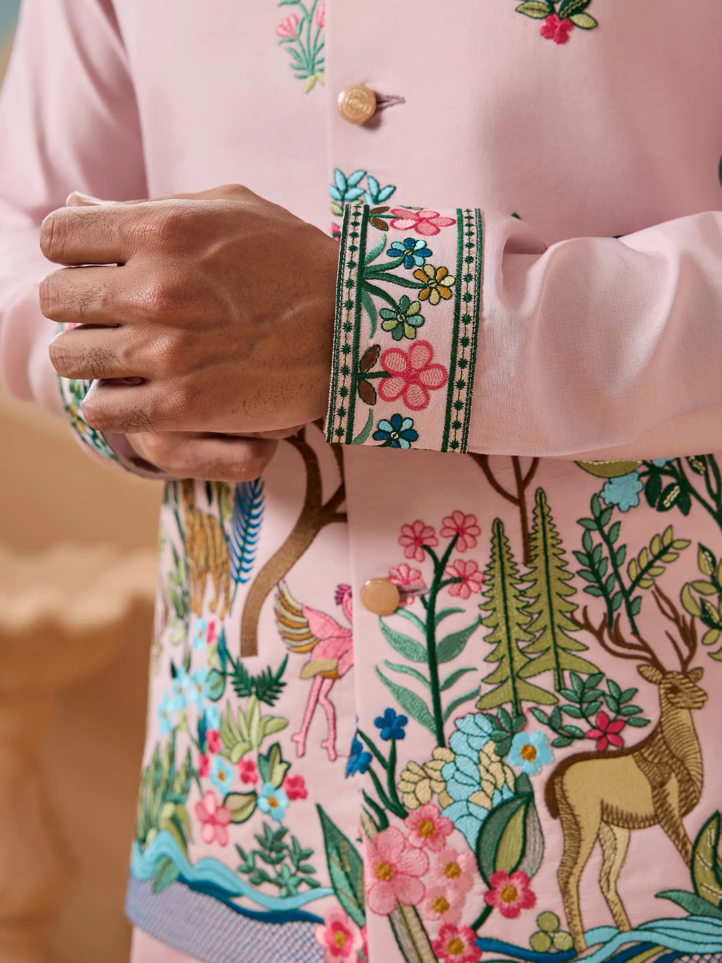 Impressive Pink Thread Embroidered Silk Men’s Kurta Set With Jacket