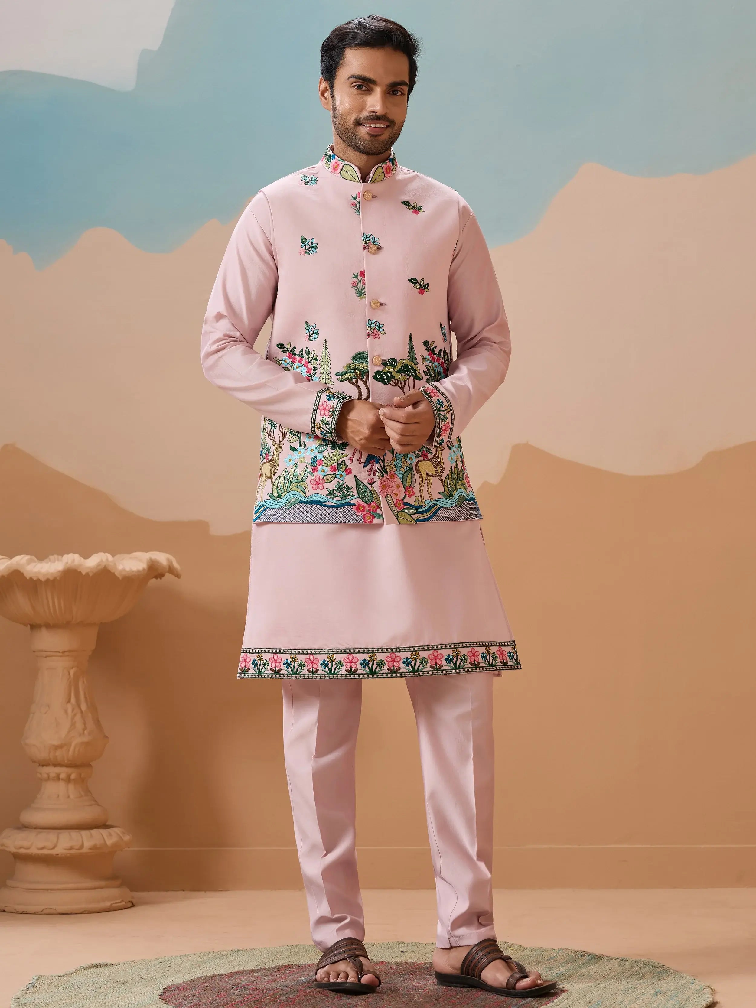 Impressive Pink Thread Embroidered Silk Men’s Kurta Set With Jacket