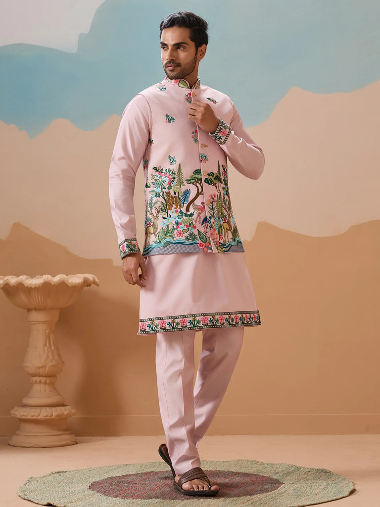 Impressive Pink Thread Embroidered Silk Men’s Kurta Set With Jacket