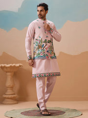Impressive Pink Thread Embroidered Silk Men’s Kurta Set With Jacket