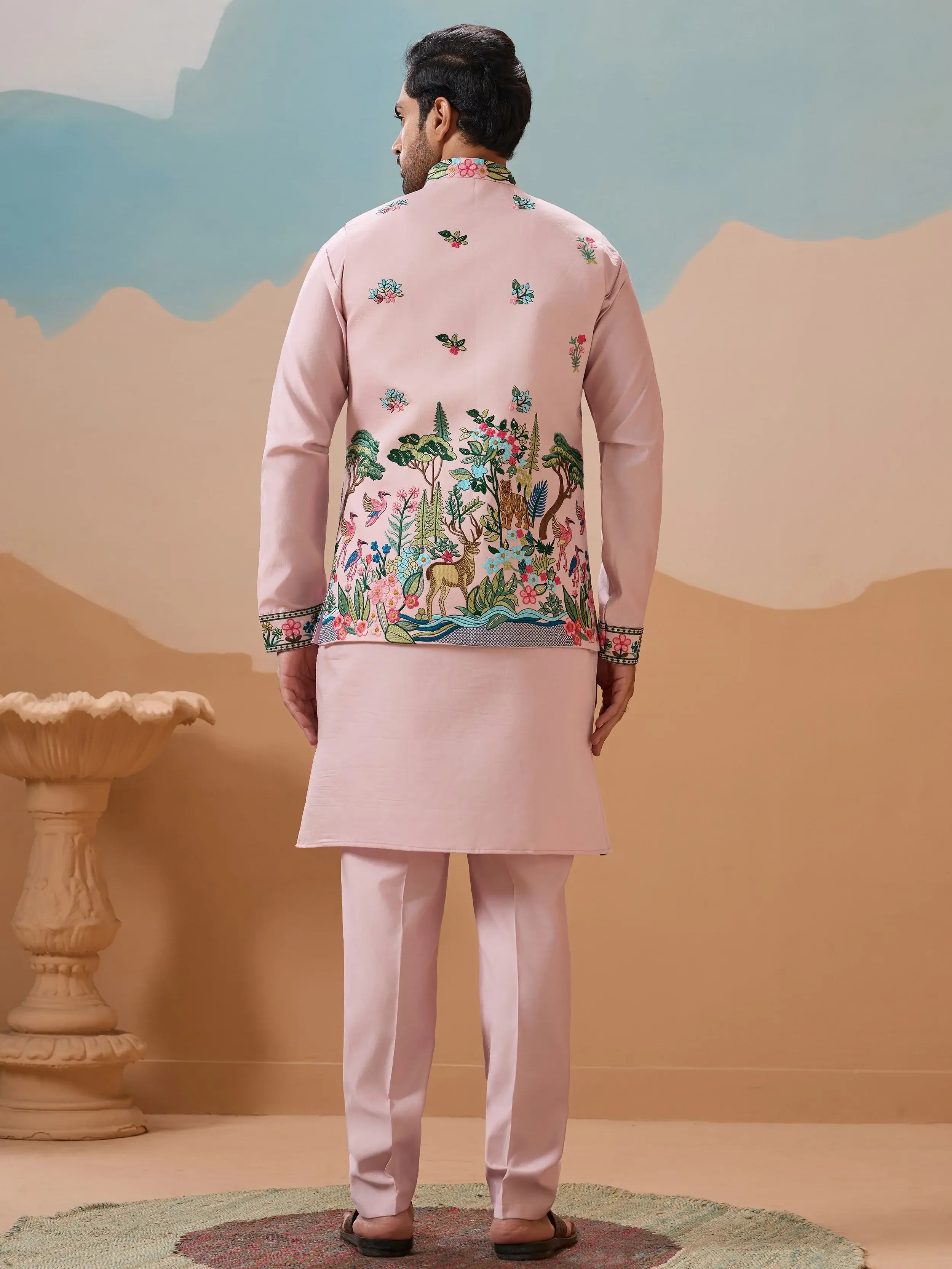 Impressive Pink Thread Embroidered Silk Men’s Kurta Set With Jacket
