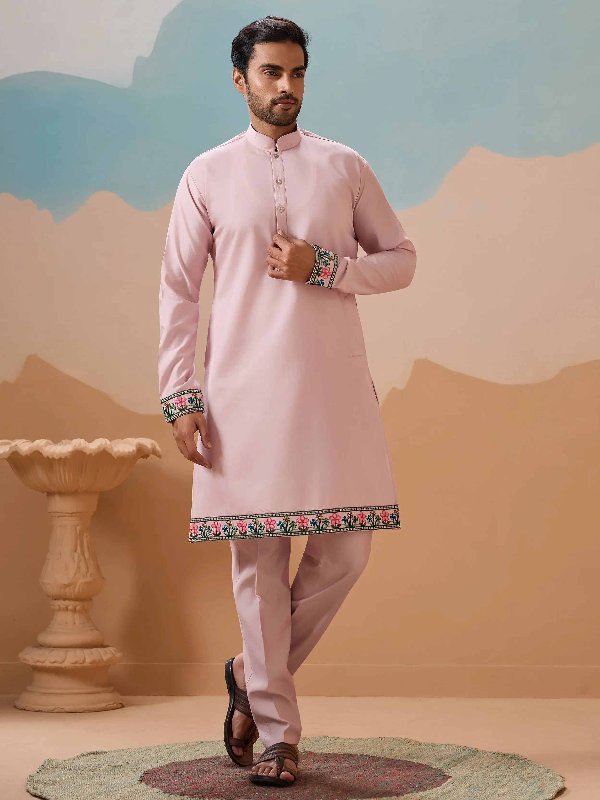Impressive Pink Thread Embroidered Silk Men’s Kurta Set With Jacket