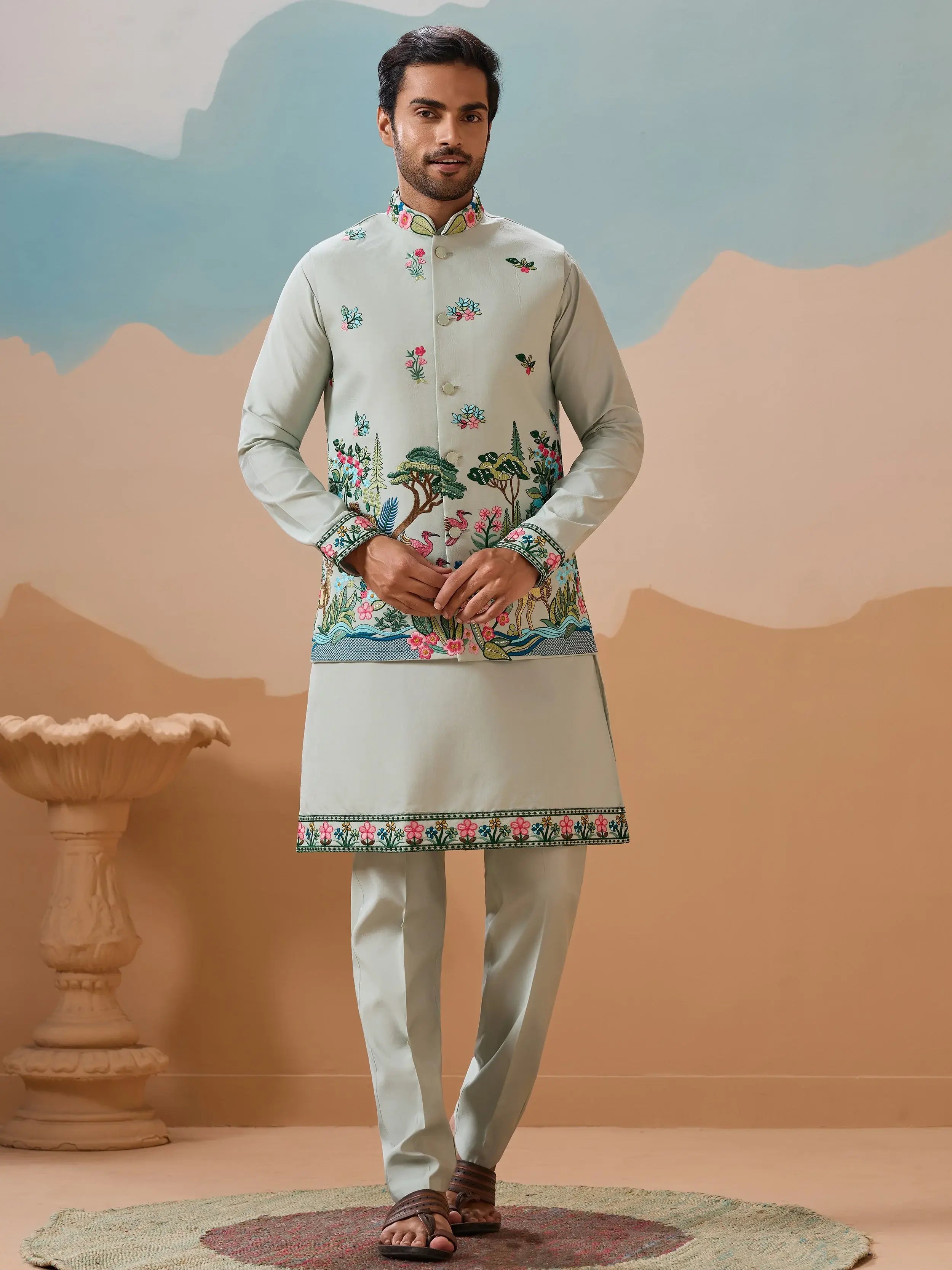 Stylish Pista Thread Embroidered Silk Men’s Kurta Set With Jacket