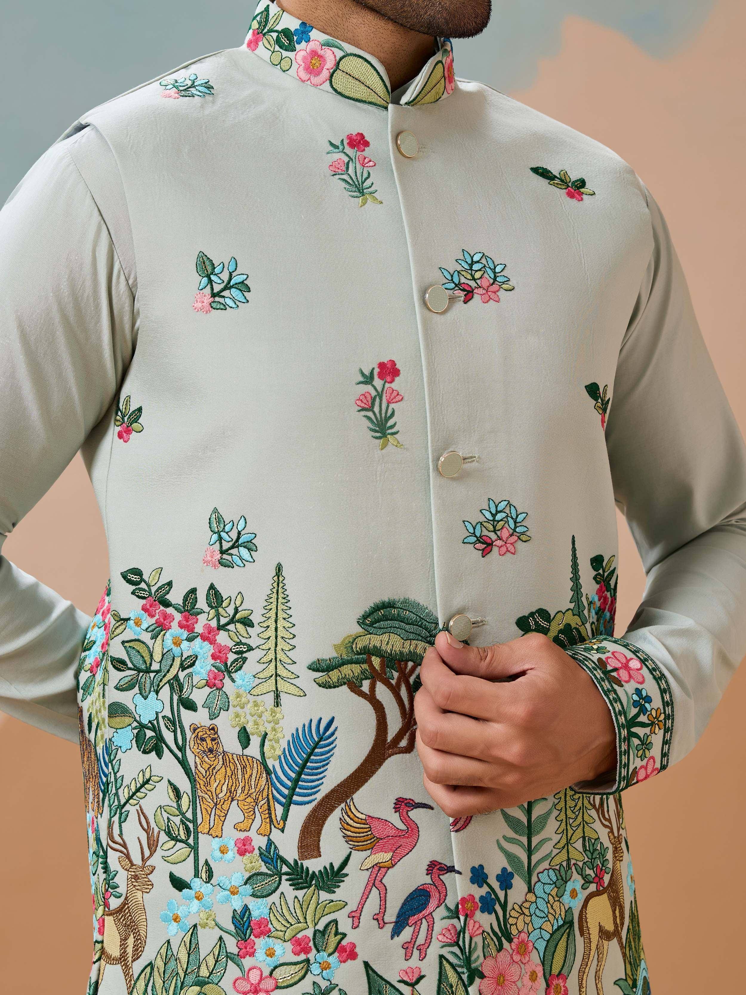 Stylish Pista Thread Embroidered Silk Men’s Kurta Set With Jacket