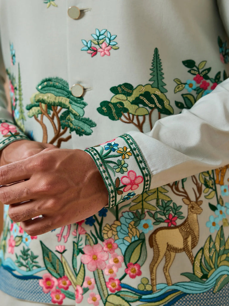 Stylish Pista Thread Embroidered Silk Men’s Kurta Set With Jacket