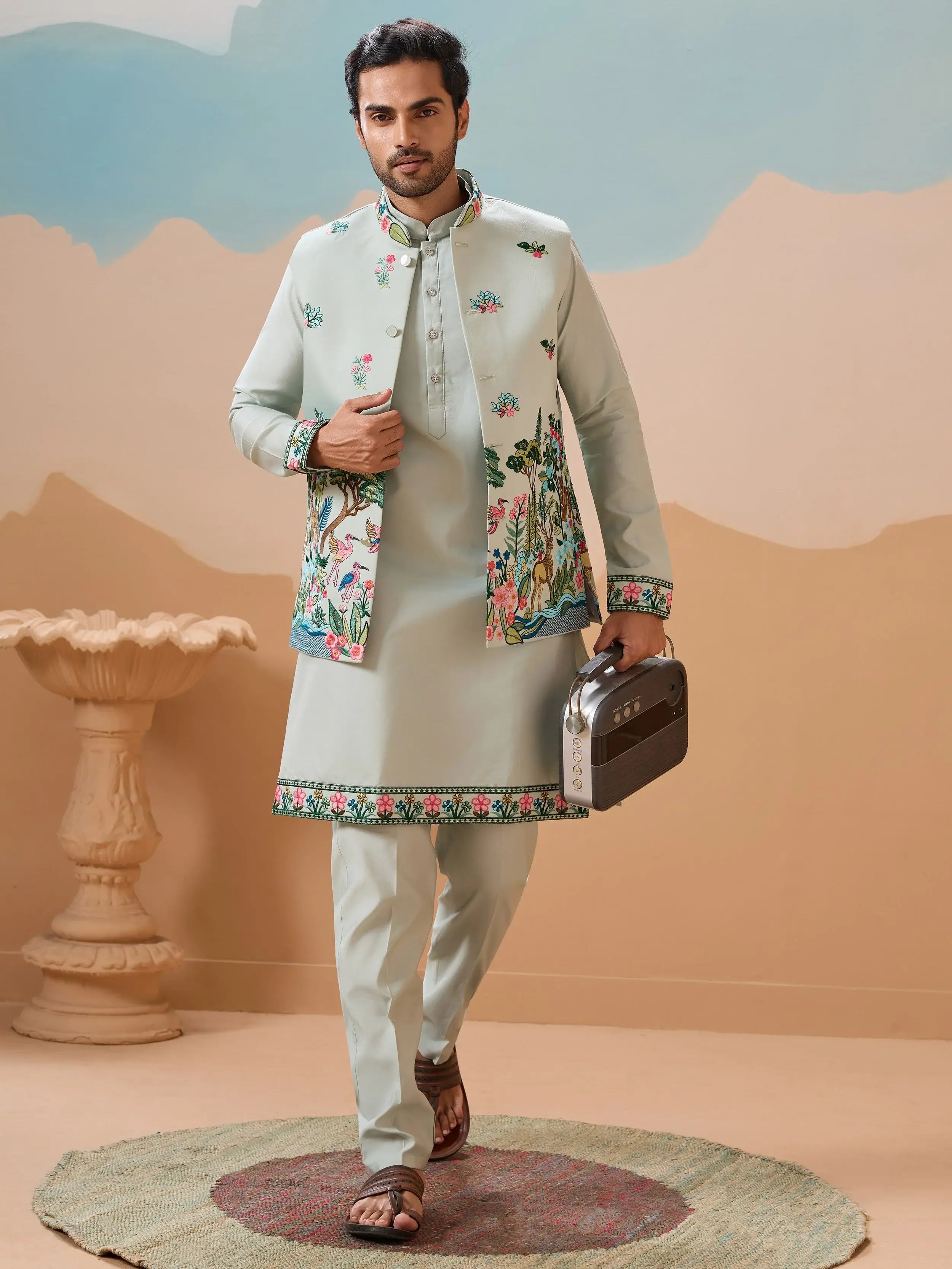 Stylish Pista Thread Embroidered Silk Men’s Kurta Set With Jacket