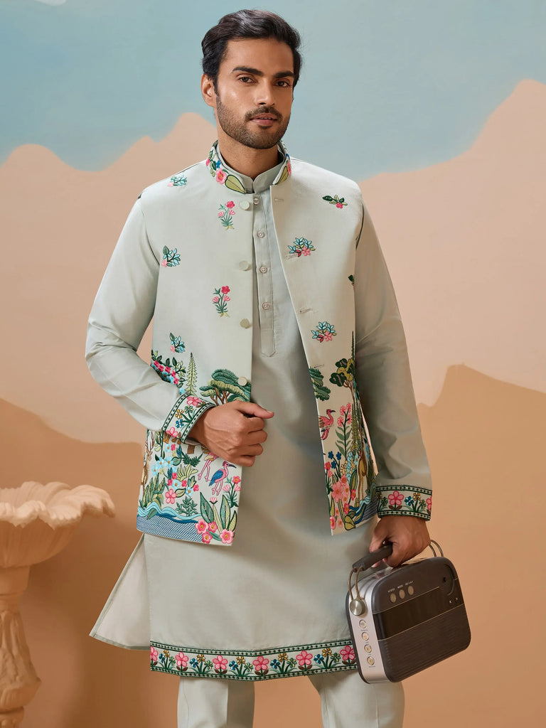 Stylish Pista Thread Embroidered Silk Men’s Kurta Set With Jacket