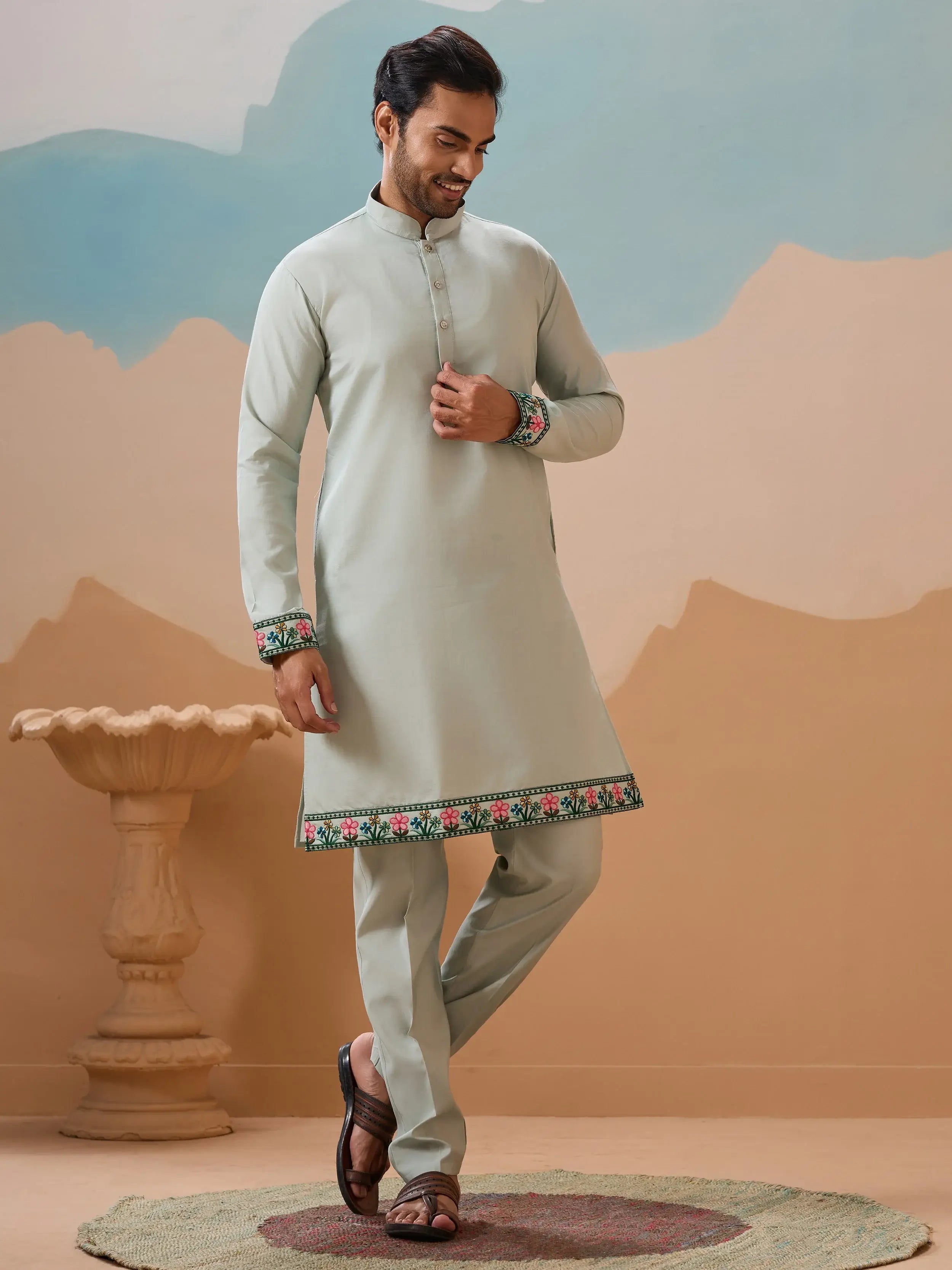 Stylish Pista Thread Embroidered Silk Men’s Kurta Set With Jacket
