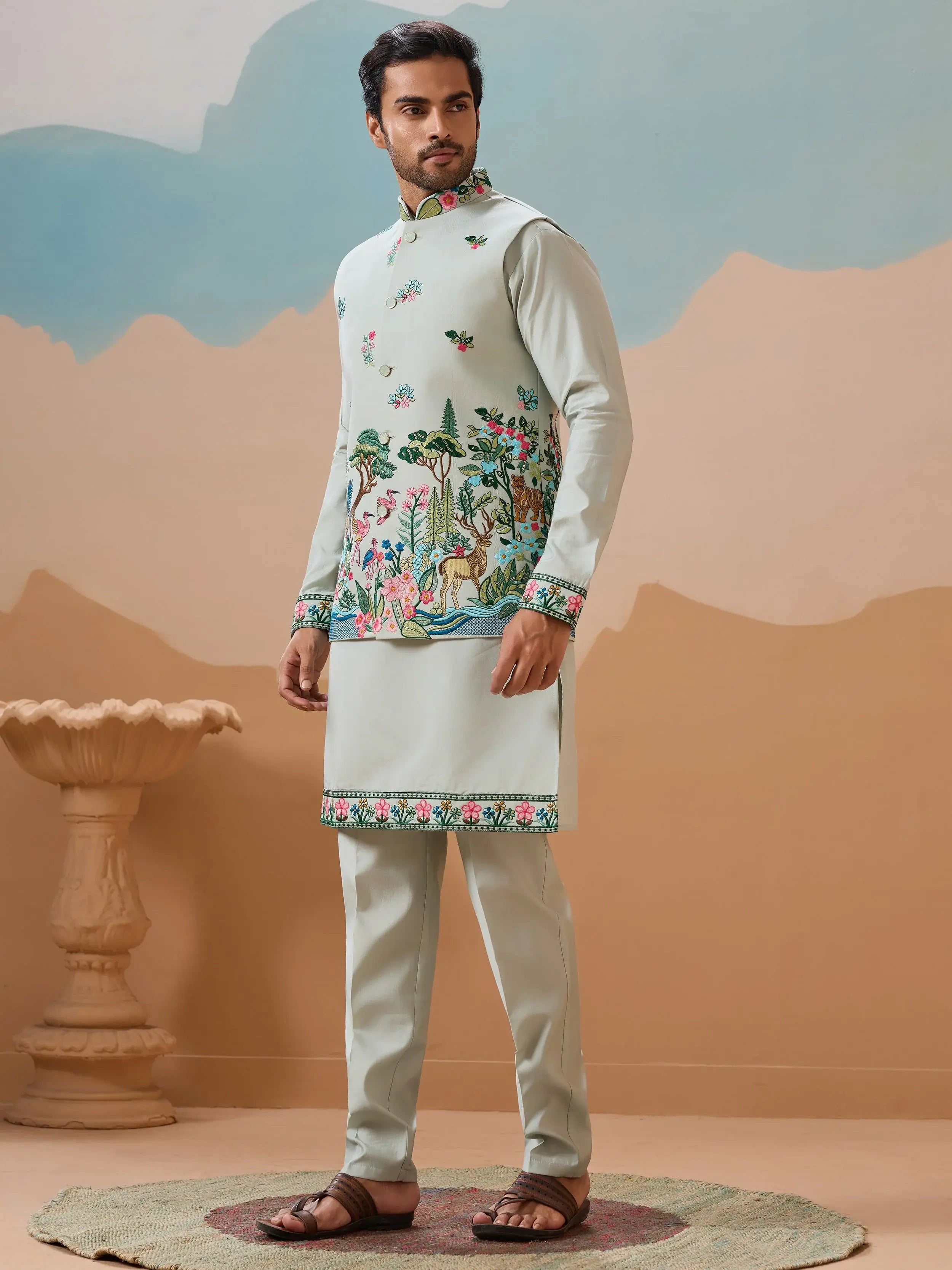 Stylish Pista Thread Embroidered Silk Men’s Kurta Set With Jacket