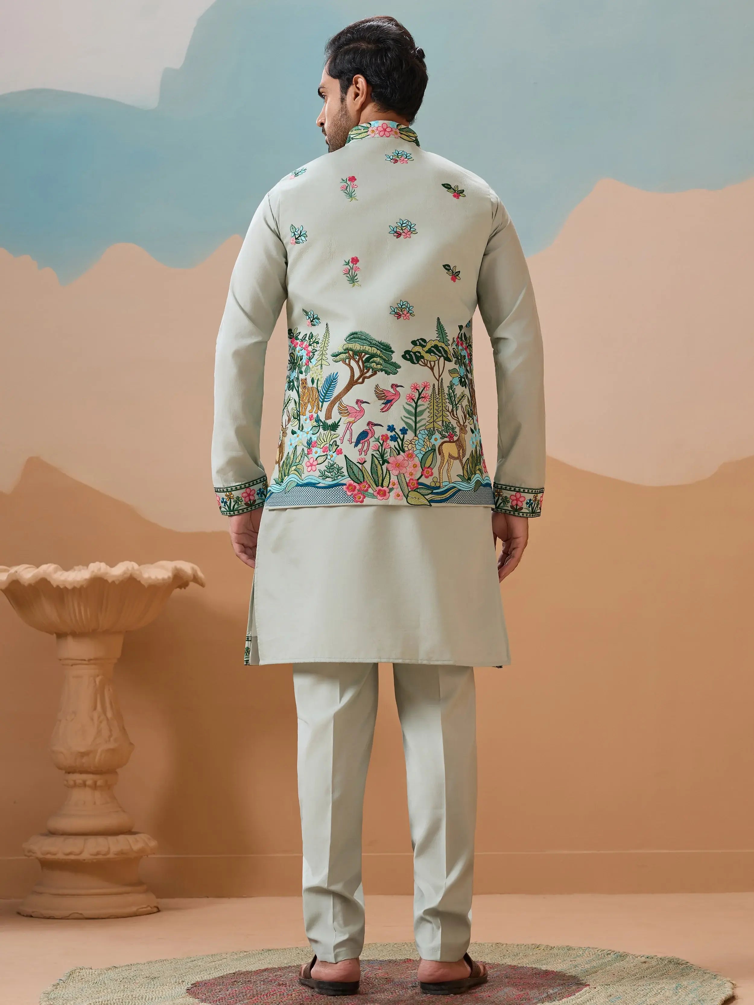 Stylish Pista Thread Embroidered Silk Men’s Kurta Set With Jacket