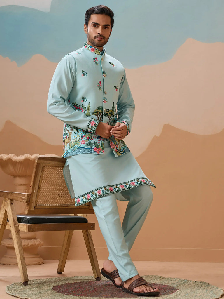 Lovely Sky Blue Thread Embroidered Silk Men’s Kurta Set With Jacket