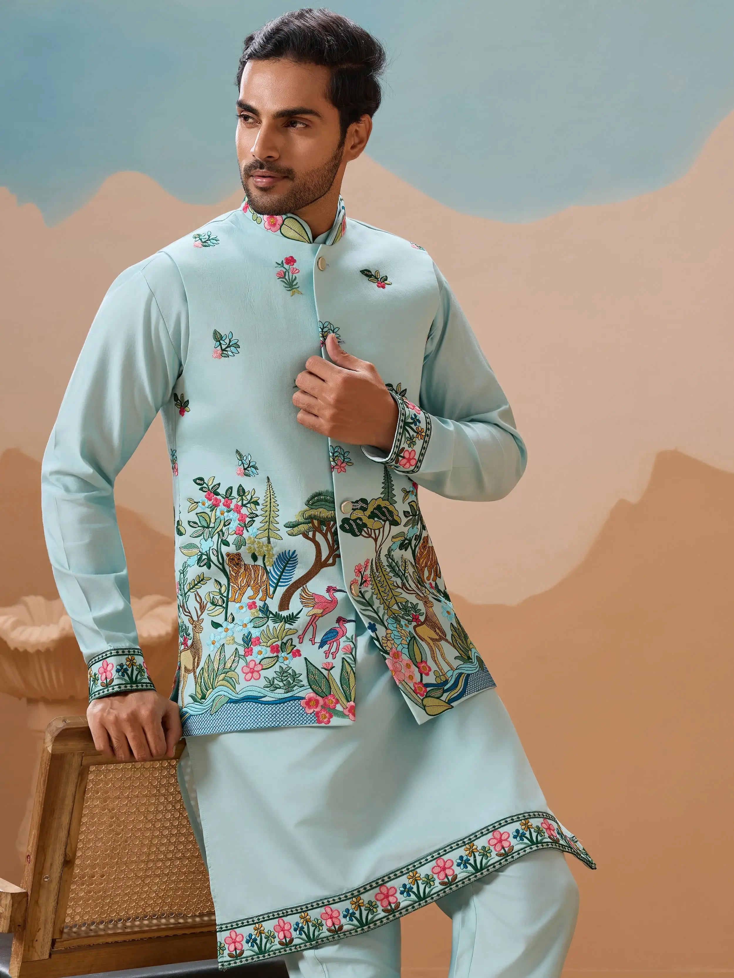 Lovely Sky Blue Thread Embroidered Silk Men’s Kurta Set With Jacket