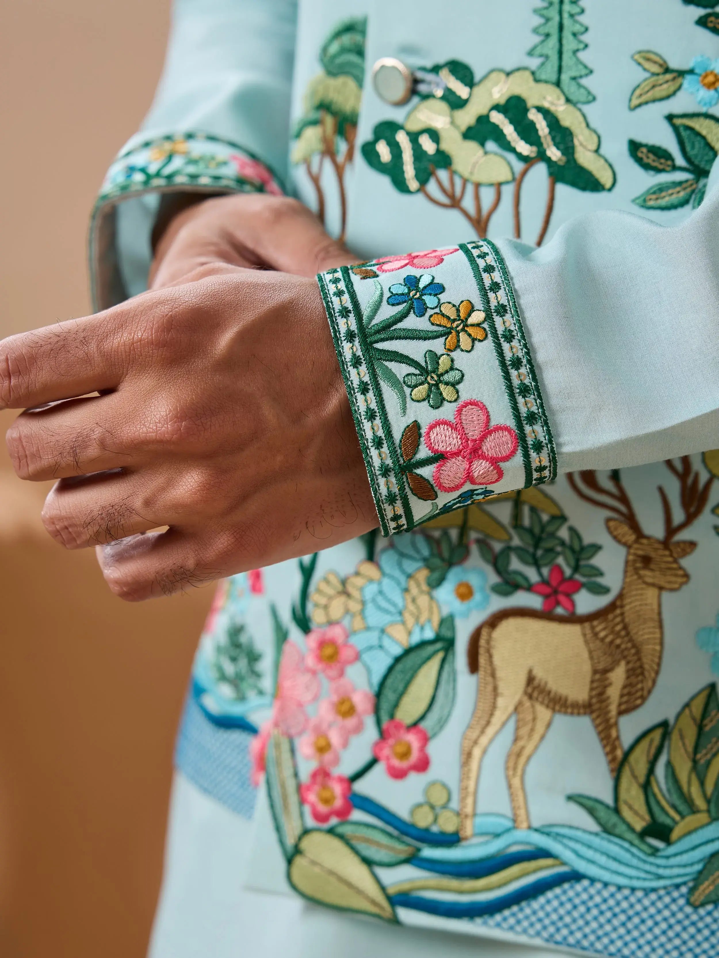 Lovely Sky Blue Thread Embroidered Silk Men’s Kurta Set With Jacket