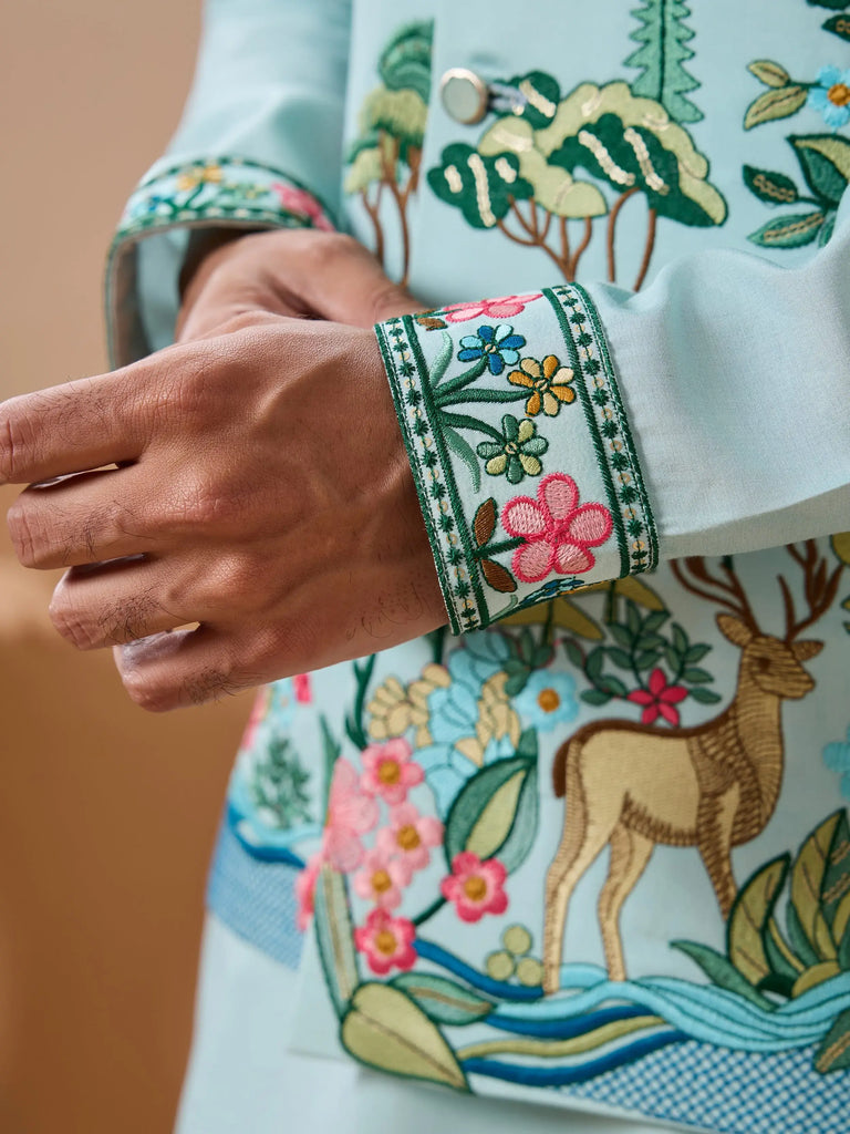 Lovely Sky Blue Thread Embroidered Silk Men’s Kurta Set With Jacket