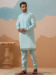 Lovely Sky Blue Thread Embroidered Silk Men’s Kurta Set With Jacket