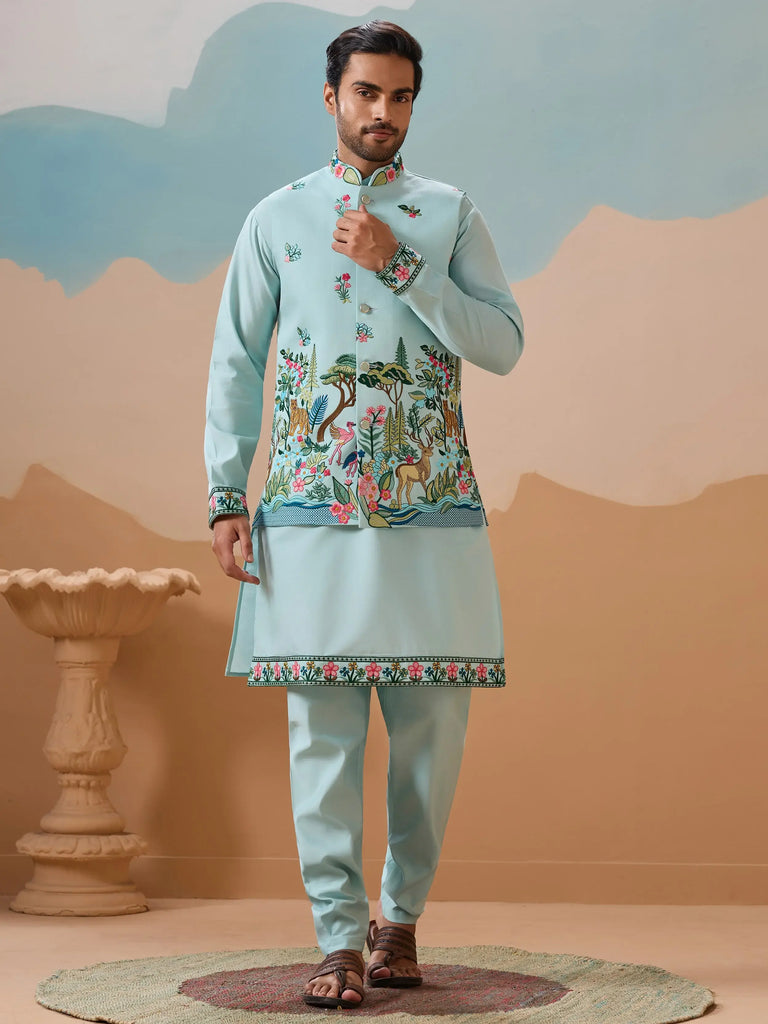 Lovely Sky Blue Thread Embroidered Silk Men’s Kurta Set With Jacket