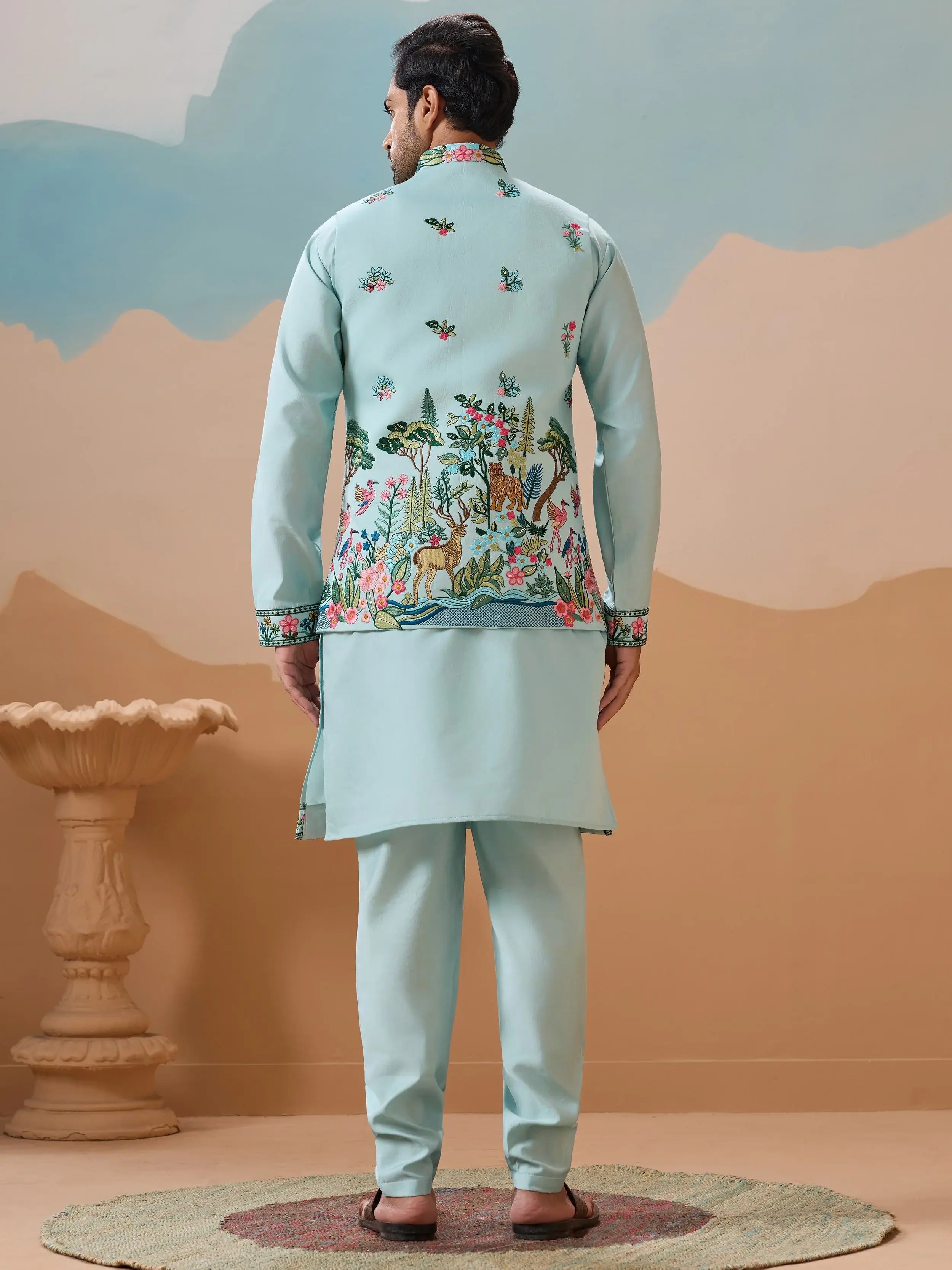 Lovely Sky Blue Thread Embroidered Silk Men’s Kurta Set With Jacket