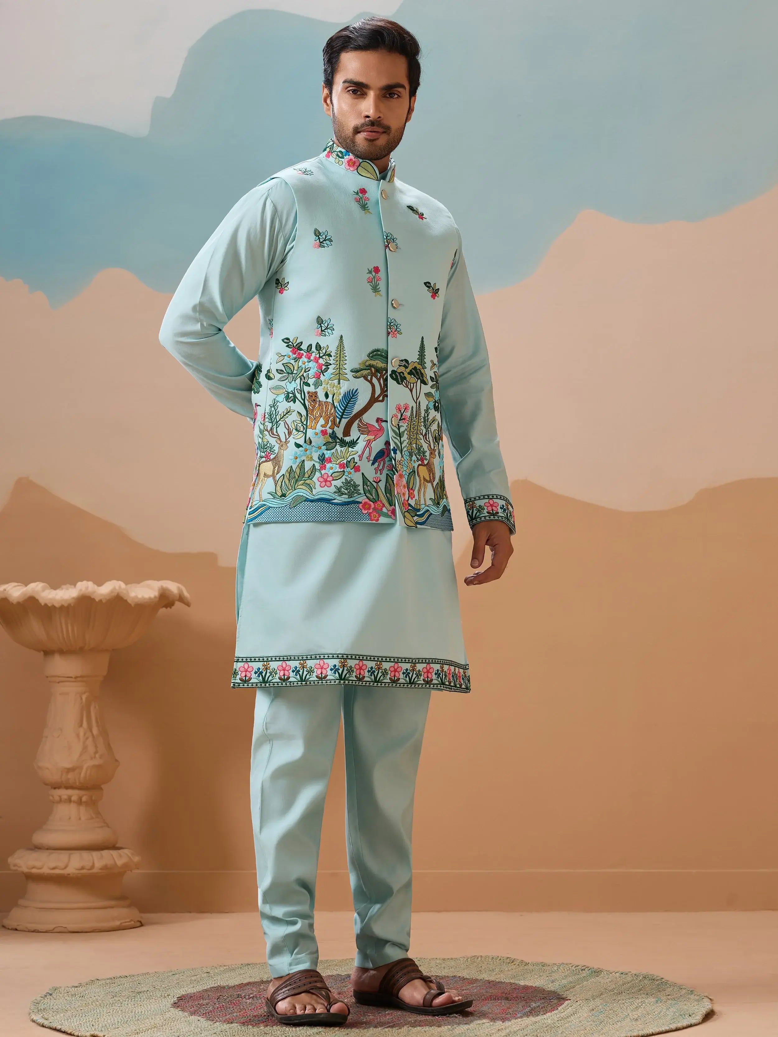 Lovely Sky Blue Thread Embroidered Silk Men’s Kurta Set With Jacket