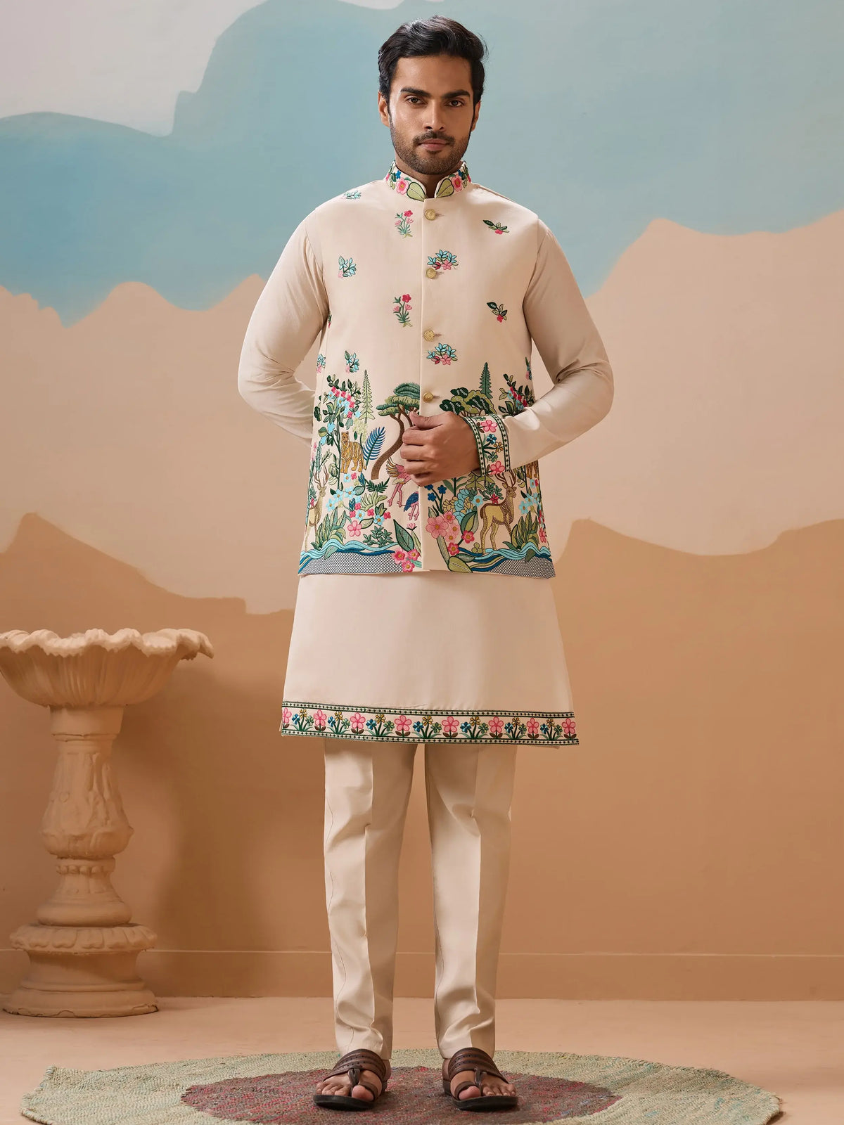 Attractive Beige Thread Embroidered Silk Men's Kurta Set With Jacket