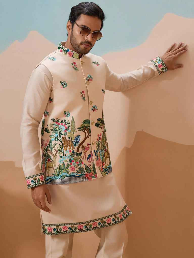 Attractive Beige Thread Embroidered Silk Men's Kurta Set With Jacket