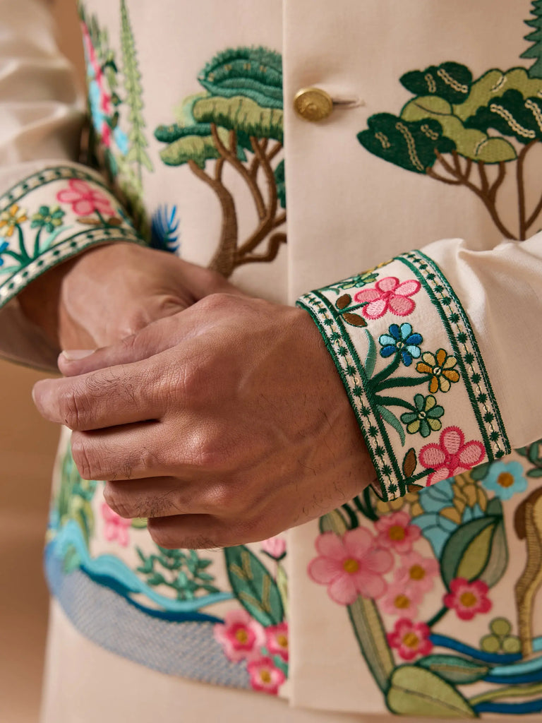 Attractive Beige Thread Embroidered Silk Men's Kurta Set With Jacket