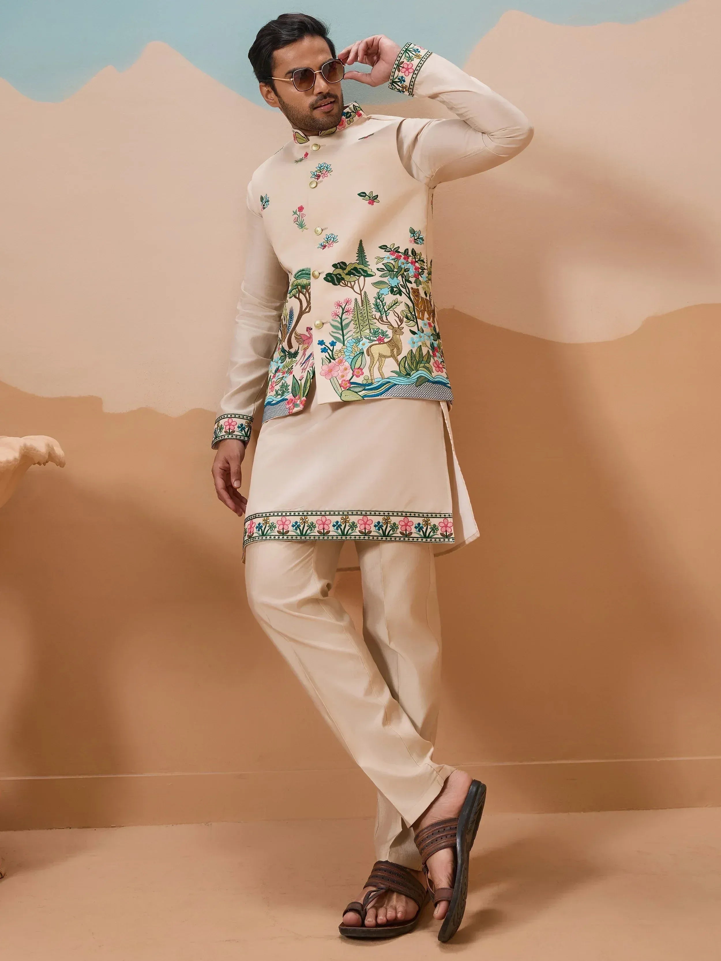 Attractive Beige Thread Embroidered Silk Men's Kurta Set With Jacket