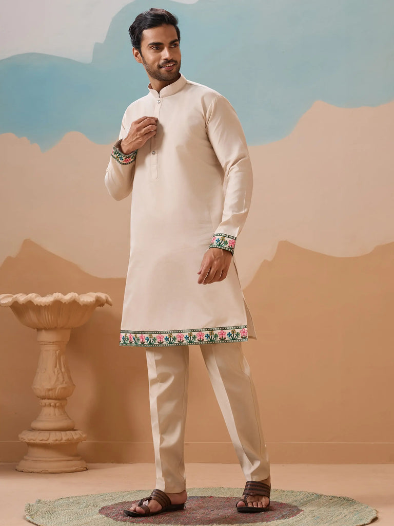 Attractive Beige Thread Embroidered Silk Men's Kurta Set With Jacket