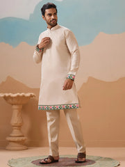 Attractive Beige Thread Embroidered Silk Men's Kurta Set With Jacket