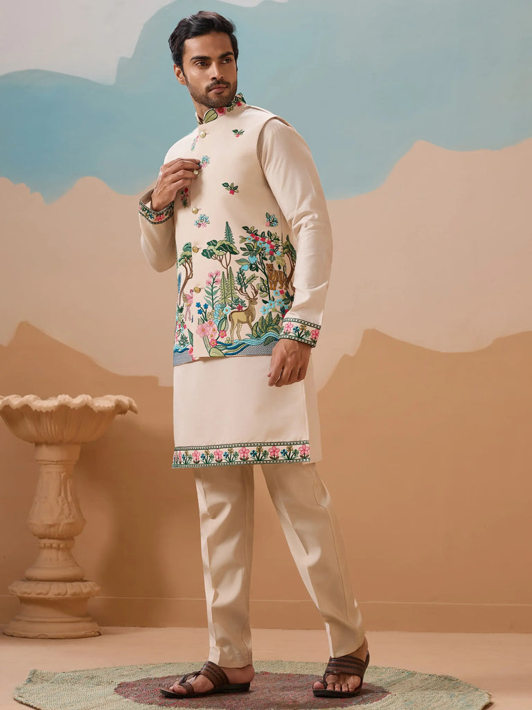 Attractive Beige Thread Embroidered Silk Men's Kurta Set With Jacket