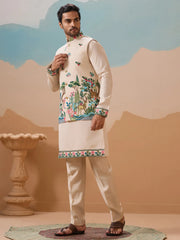 Attractive Beige Thread Embroidered Silk Men's Kurta Set With Jacket