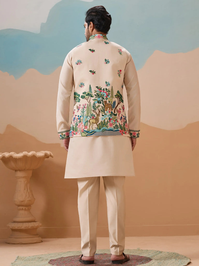 Attractive Beige Thread Embroidered Silk Men's Kurta Set With Jacket