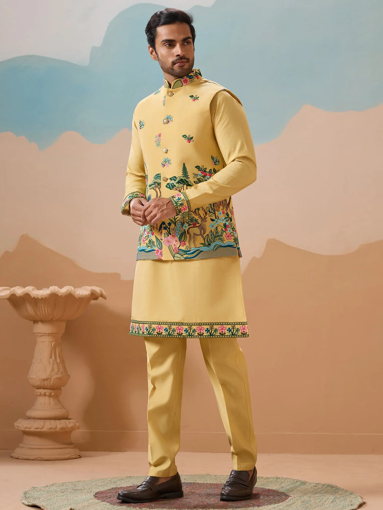 Awesome Yellow Thread Embroidered Silk Men's Kurta Set With Jacket