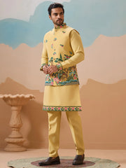 Awesome Yellow Thread Embroidered Silk Men's Kurta Set With Jacket
