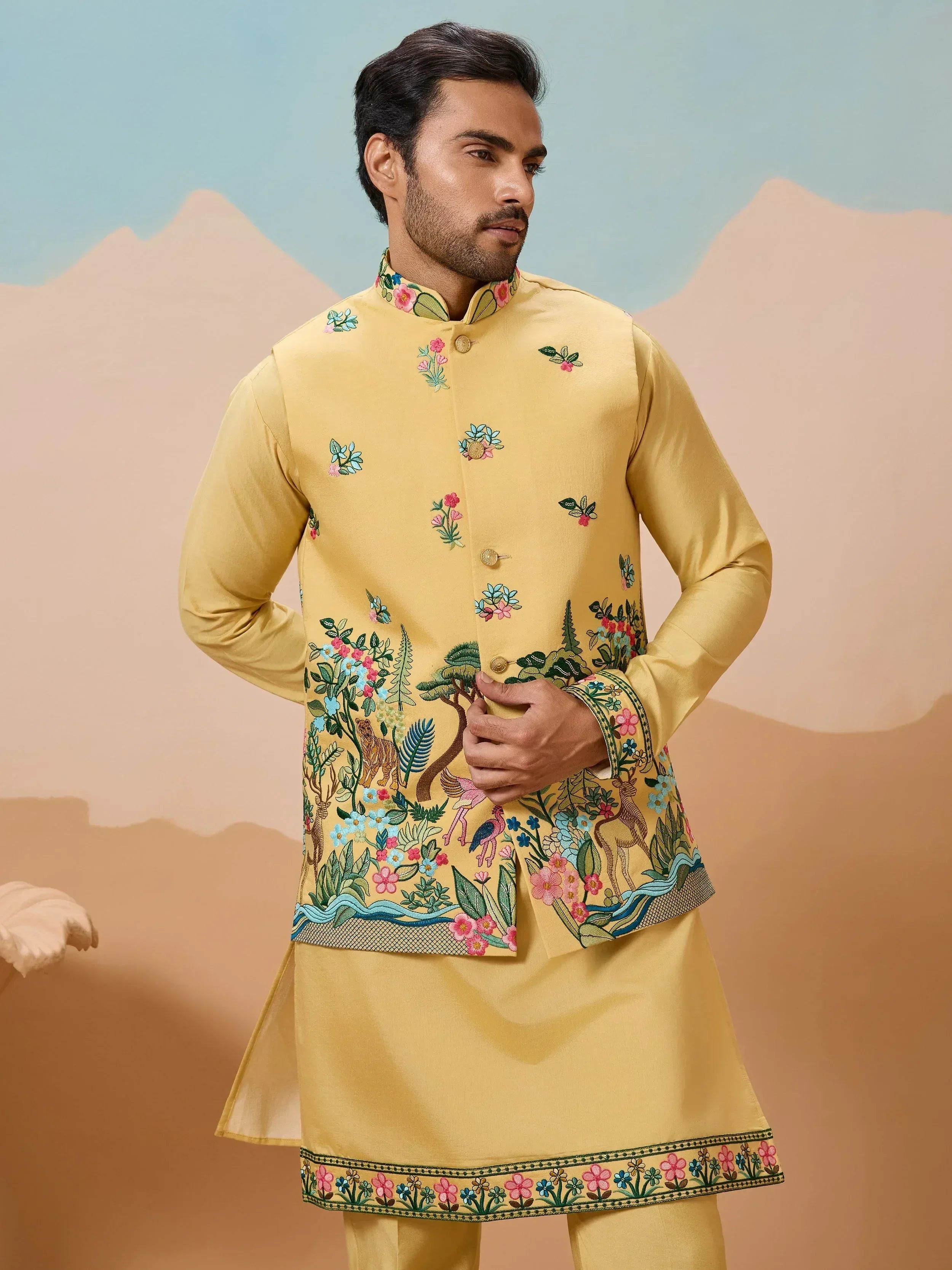Awesome Yellow Thread Embroidered Silk Men’s Kurta Set With Jacket
