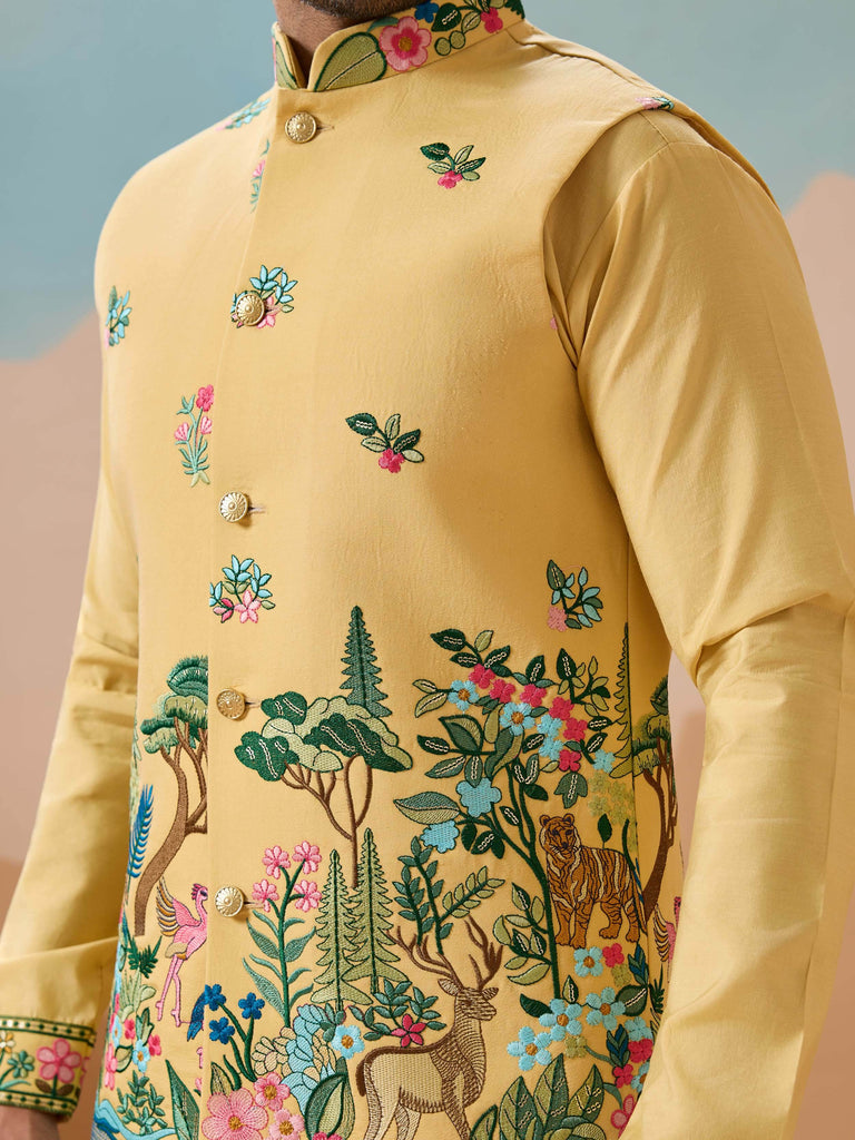 Awesome Yellow Thread Embroidered Silk Men’s Kurta Set With Jacket