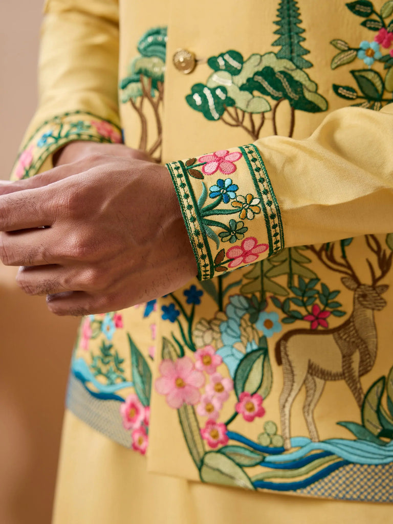 Awesome Yellow Thread Embroidered Silk Men’s Kurta Set With Jacket