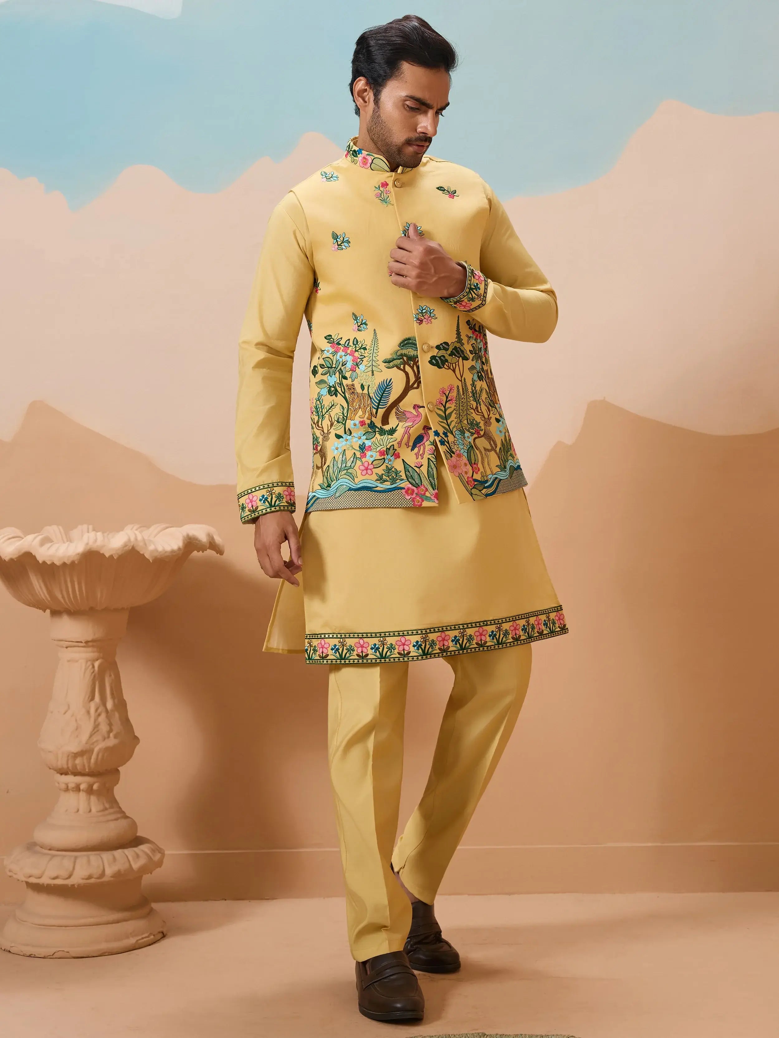 Awesome Yellow Thread Embroidered Silk Men's Kurta Set With Jacket